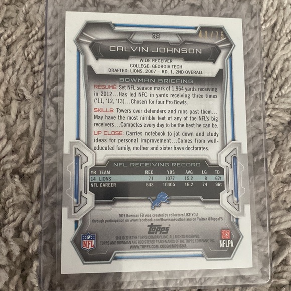 Calvin Johnson Bowman Topps 2015 numbered out of 75 - Picture 2 of 3